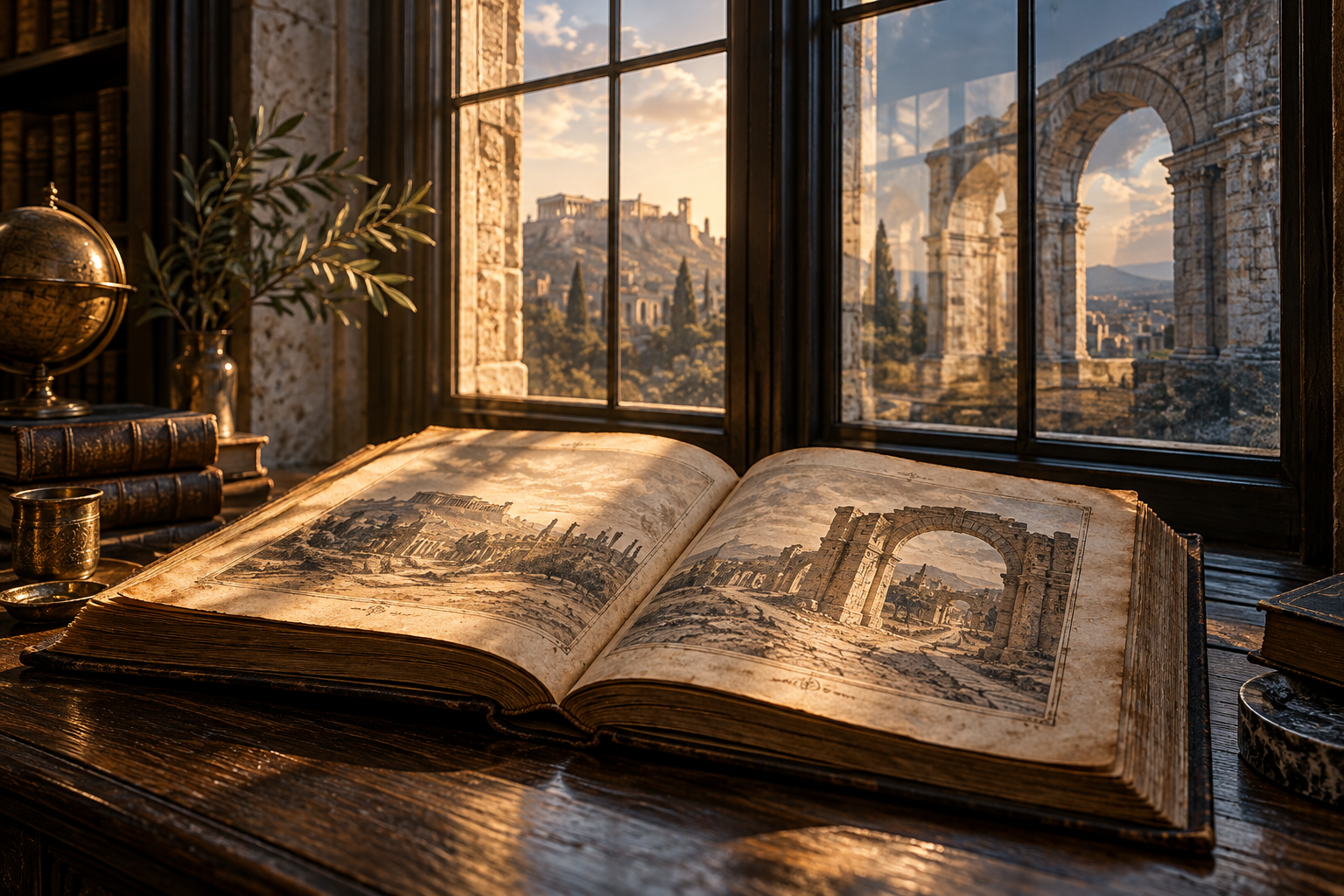 An open history book beside a sunlit window and ancient arches