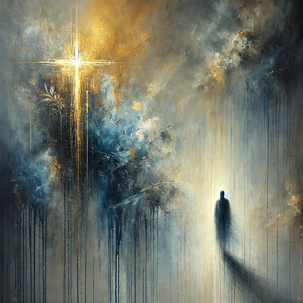 Original Bridge Builder artwork depicting a figure approaching a luminous cross